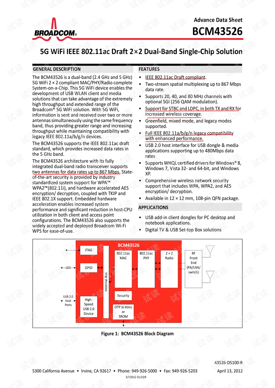 11ac draft 2 × 2 dual-band single-chip datasheet