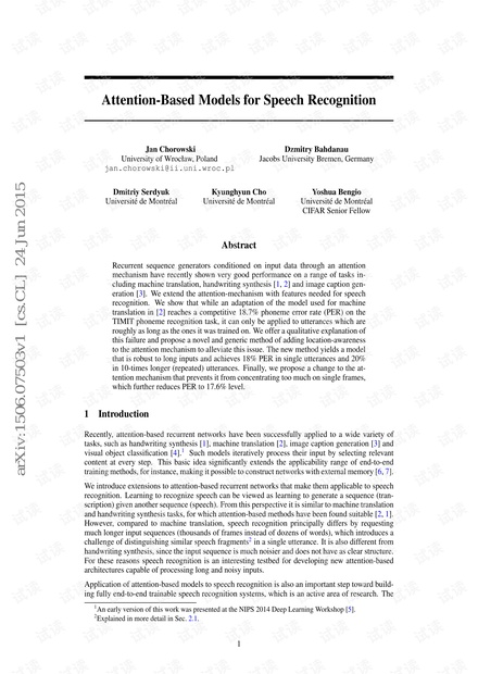 Attention-based model for speech recogntion