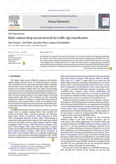 Multi-column deep neural network for traffic sign classification