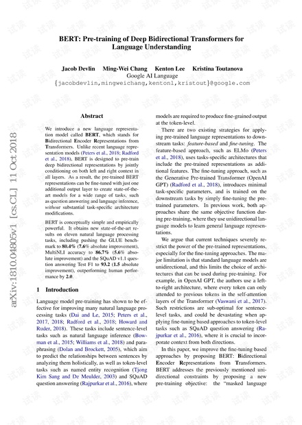 BERT_Pre-training of Deep Bidirectional Transformers for Language Understanding
