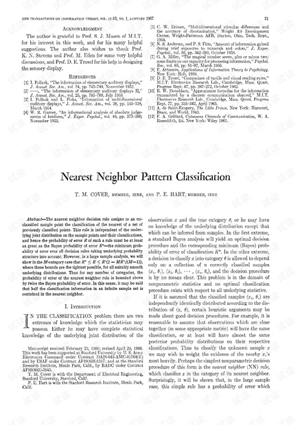 T.Cover P.Hart Nearest Neighbor Pattern Classification