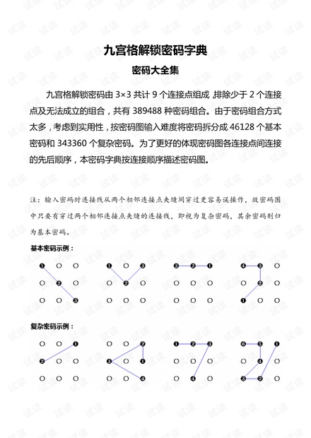 九宫格手机锁屏密码字典,图案密码字典,锁屏图案密码大全《完整密码篇》