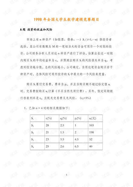 1998年全国大学生数学建模竞赛题目--投资的收益和风险.pdf