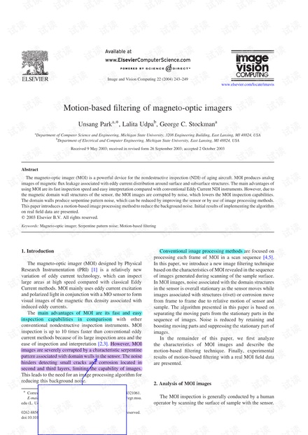 求助关于motionbasedfilter算法的matlab实现-【D 2003 MOI 图像处理】Motion-based filtering of magneto-optic imagers.pdf