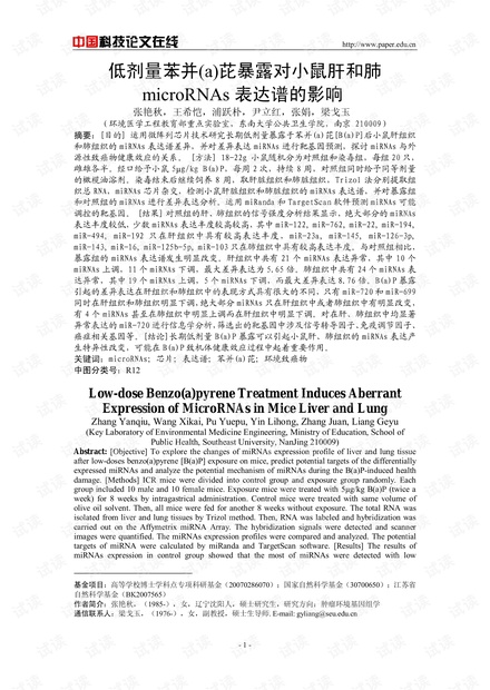 低剂量苯并(a)芘暴露对小鼠肝和肺microRNAs表达谱的影响