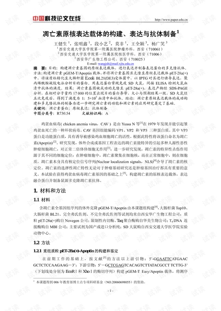 凋亡素原核表达载体的构建、表达与抗体制备
