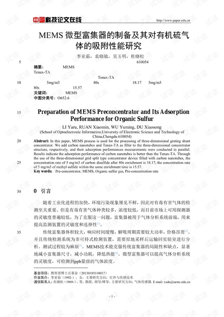 MEMS微型富集器的制备及其对有机硫气体的吸附性能研究