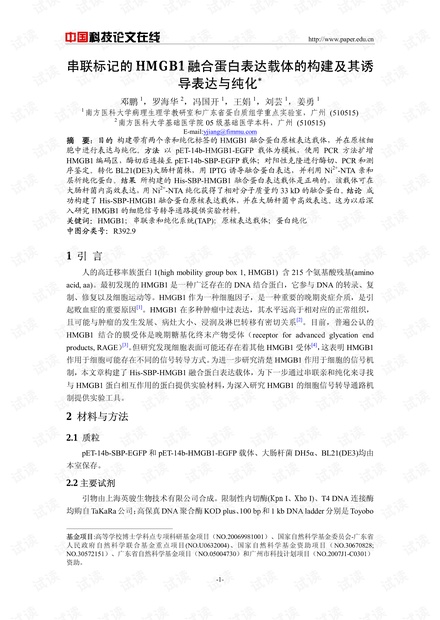 串联标记的HMGB1融合蛋白表达载体的构建及其诱导表达与纯化
