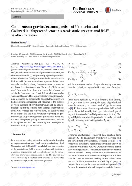 在“弱静态引力场中的超导体”与其他版本中对Ummarino和Gallerati的重力电磁的评论