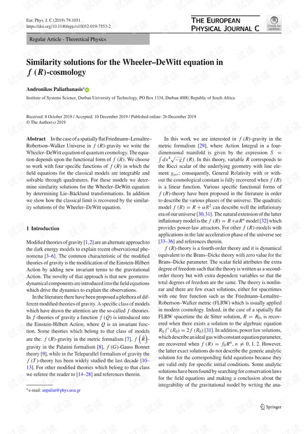 $$ f \ left(R \ right)$$ fR-宇宙学中的Wheeler–DeWitt方程的相似解