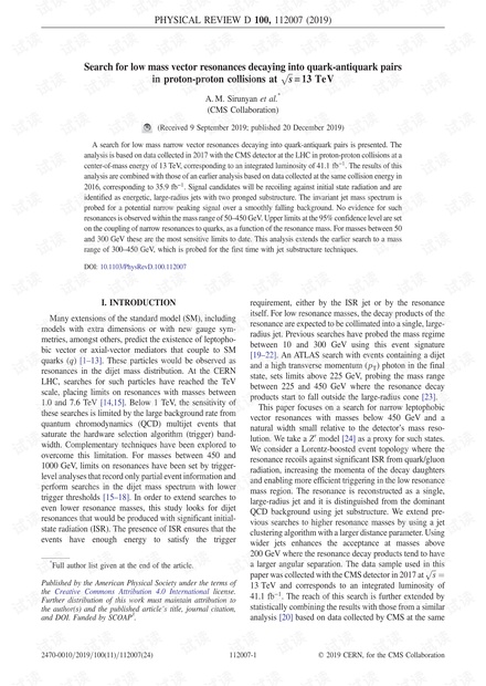 在s = 13 TeV的质子-质子碰撞中搜索衰变成夸克-反夸克对的低质量矢量共振