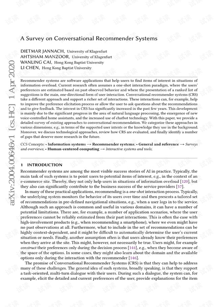 对话推荐系统综述论文(A Survey on Conversational Recommender Systems)【35页pdf】.pdf