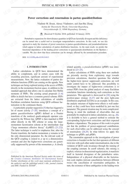 parton拟分布中的幂校正和正则化