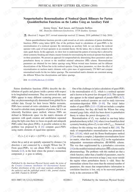 格子上Parton拟分布函数的非局部夸克双线性非扰动重整化