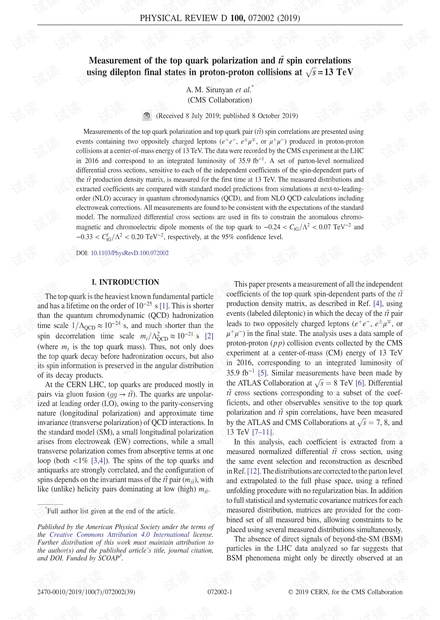 在s = 13 TeV的质子-质子碰撞中使用Dilepton最终态测量顶夸克极化和tt自旋相关性