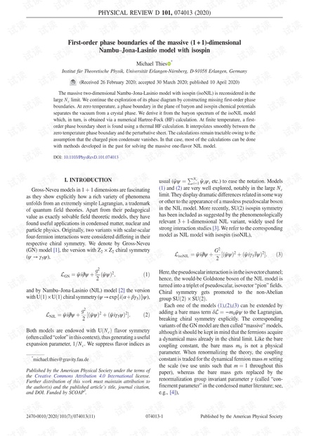 具有等位旋的大规模(1 + 1)维Nambu–Jona-Lasinio模型的一阶相界
