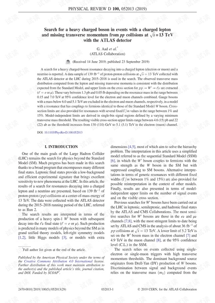 使用ATLAS探测器在s = 13 TeV的pp碰撞中有轻子带电且缺少pp动量的事件中寻找重的带电玻色子