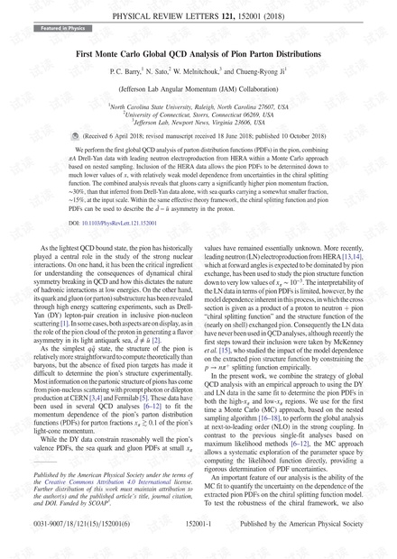 Pion Parton分布的首次蒙特卡洛全球QCD分析