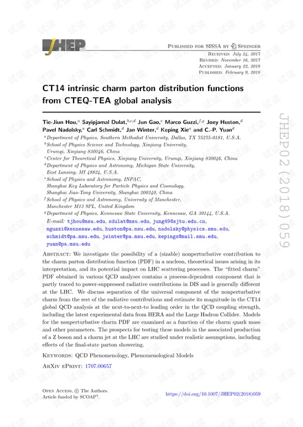 CTEQ-TEA全局分析得出的CT14内在魅力parton分布函数