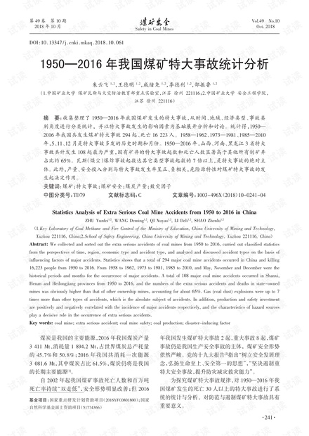 1950—2016年我国煤矿特大事故统计分析