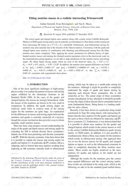 将中微子质量拟合到现实的相交的D-braneworld中