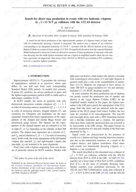 使用ATLAS探测器在s = 13 TeV pp碰撞中具有两个强子τ轻子的事件中搜索直接的stau产生