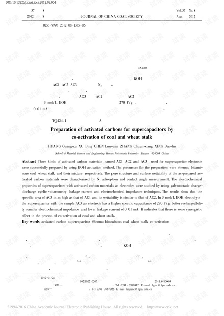 基于煤与麦秸秆共活化的超级电容器用活性炭电极材料的制备