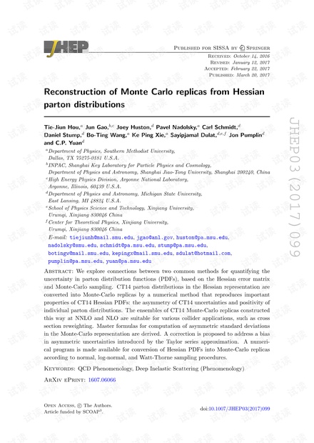 从Hessian parton分布重建Monte Carlo复制品