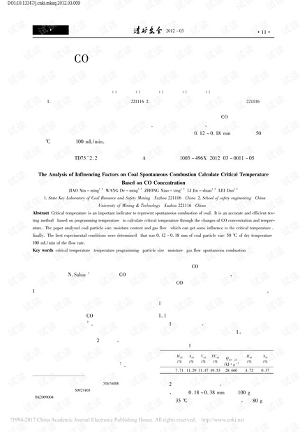 基于CO浓度求解煤自燃临界温度的影响因素分析