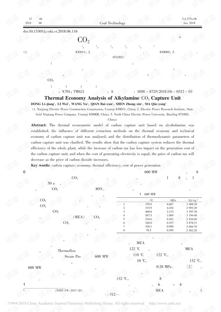 醇胺捕集CO2方法及其机组热经济分析
