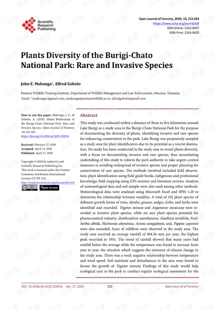 论文研究 - Burigi-Chato国家公园的植物多样性:珍稀和入侵物种