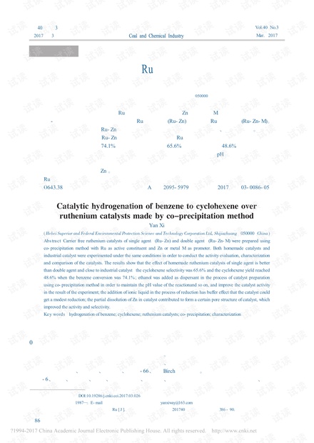 苯催化加氢制环己烯Ru系催化剂共沉淀法的制备