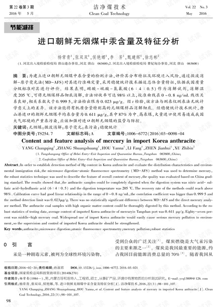进口朝鲜无烟煤中汞含量及特征分析
