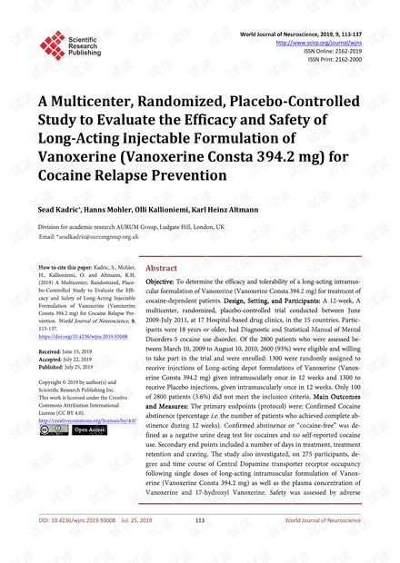 论文研究 - 多中心,随机,安慰剂对照研究评估长效注射剂Vanoxerine(Vanoxerine Consta 394.2 mg)预防可卡因复发的疗效和安全性