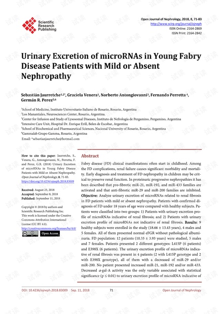 论文研究 - 患有轻度或缺乏肾病的年轻法布里病患者中microRNA的尿排泄