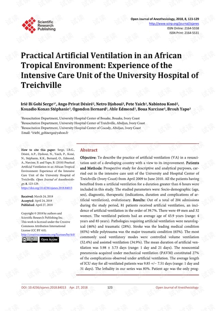 论文研究 - 非洲热带环境中的实用人工通风:Treichville大学医院重症监护室的经验
