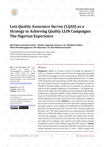 论文研究 - 批量质量保证调查(LQAS)作为实现高质量LLIN运动的策略:尼日利亚的经验