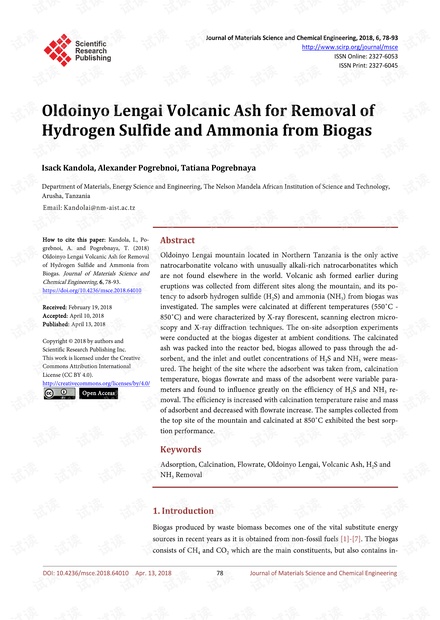 论文研究 - Oldoinyo Lengai火山灰用于去除沼气中的硫化氢和氨气