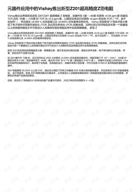 元器件应用中的Vishay推出新型Z201超高精度Z箔电阻