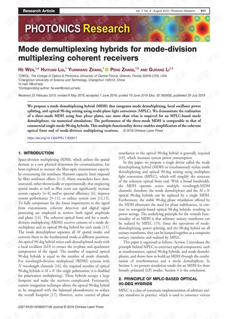 Mode demultiplexing hybrids for mode-division multiplexing coherent receivers