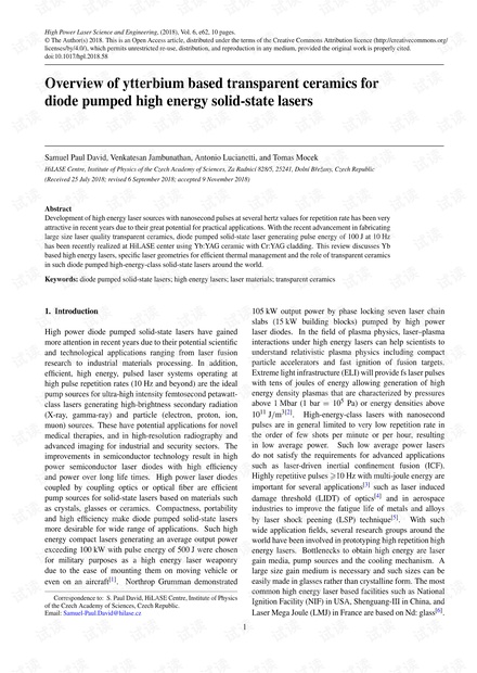 Overview of ytterbium based transparent ceramics for diode pumped high energy solid-state lasers