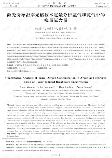 激光诱导击穿光谱技术定量分析氩气和氮气中的痕量氧含量
