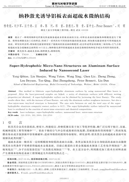 纳秒激光诱导铝板表面超疏水微纳结构