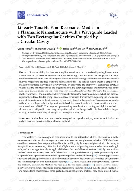 Linearly Tunable Fano Resonance Modes in a Plasmonic Nanostructure with a Waveguide Loaded with Two Rectangular Cavities Coupled by a Circular Cavity