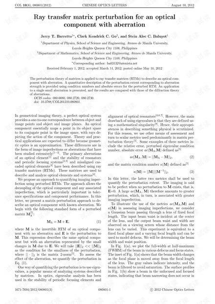 Ray transfer matrix perturbation for an optical component with aberration
