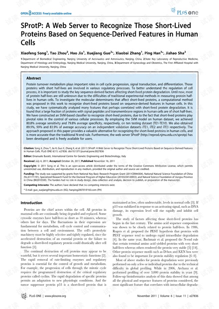 SProtP: A Web Server to Recognize Those Short-Lived Proteins Based on Sequence-Derived Features in Human Cells