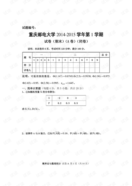 重庆邮电大学《概率论与数理统计2015》历年期末考试试卷(含答案).pdf