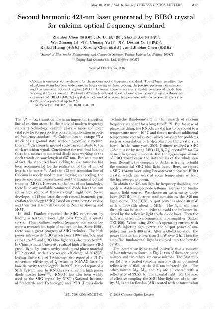 Second harmonic 423-nm laser generated by BIBO crystal for calcium optical frequency standard