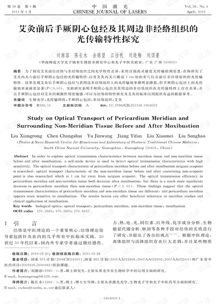 艾灸前后手厥阴心包经及其周边非经络组织的光传输特性探究