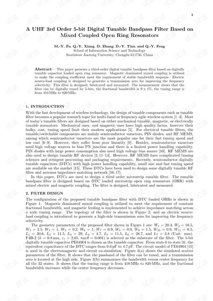基于混合耦合开环谐振器的UHF三阶5位数字可调带通滤波器